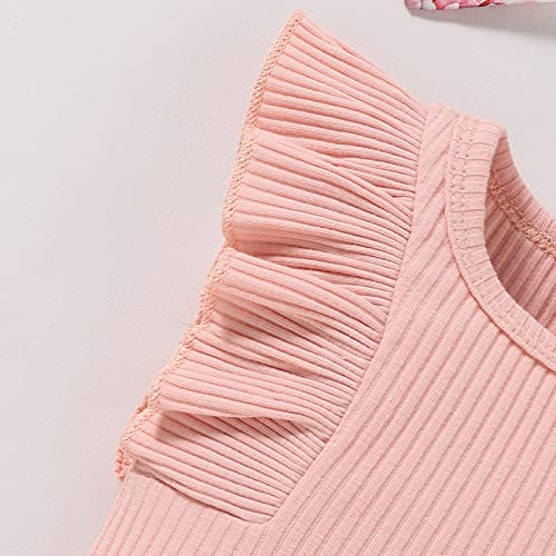 Baby Girl Clothes Infant Summer Outfits Set Ruffle Sleeve Romper Floral Pants 3Pcs Bodysuit +Shorts +Headband (Pink, 0-3 Months) #TOP3
