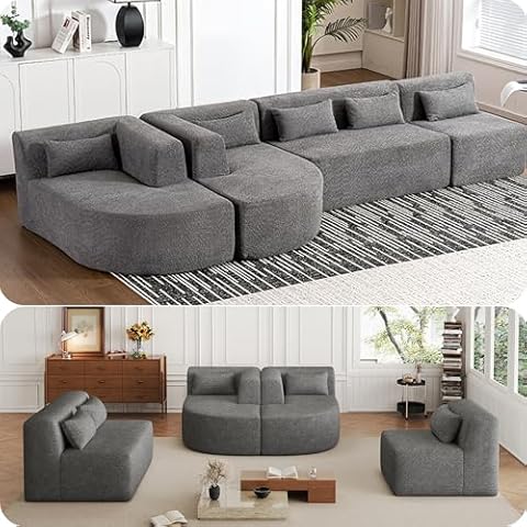 Polibi 143.7" Upholstered Modular Sofa with Two Chaise Lounges and Five Back Pillows, Free-Combination Sofa Couch for Living Room (Light Gray) Cover