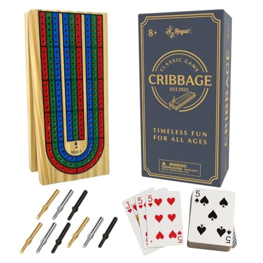 Regal Games Wooden Cribbage Board Game with Metal Pegs and a Standard Deck of Playing Cards