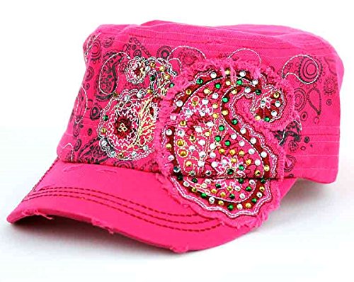 Paisley Rhinestone Embroidered Womens Fashion Cadet Military Hat Cap