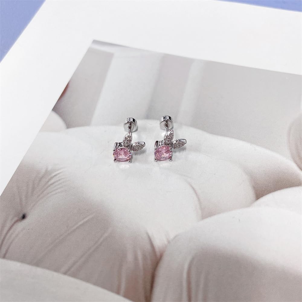20g Rabbit Pink CZ Small Stud Earrings for Women Dainty Cute Crystal Bunny Animal Cartilage Tiny Flat Screw Back Stainless Steel Silver Plated Hypoallergenic Piercing Studs - Image 3