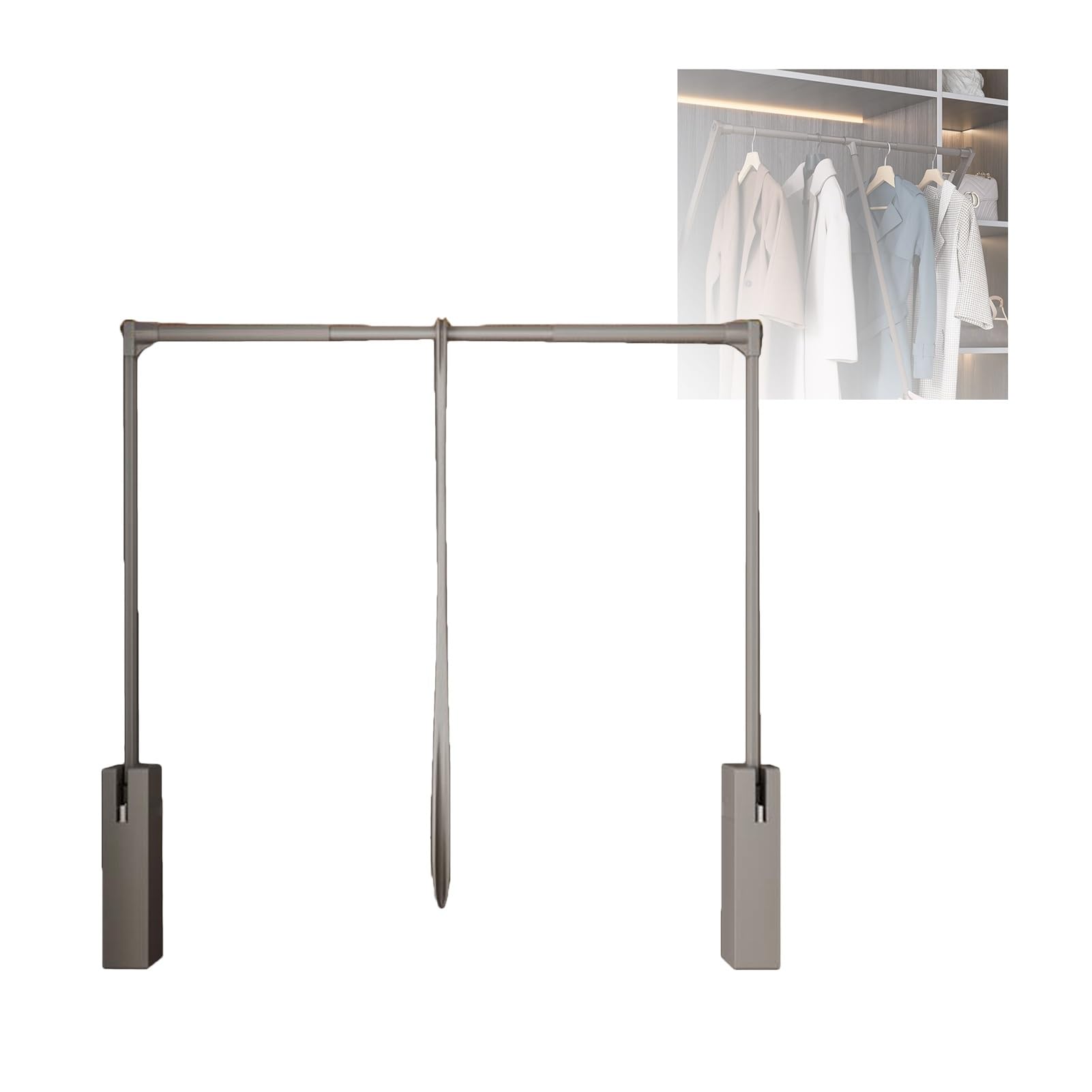 HTTGDGDH Adjustable Pull Down Closet Rod Organizer With Pneumatic Buffer, Wardrobe Lift Rail For Hanging Clothes, Load-Bearing 25Kg, Fits 890-1200Mm, Brown,Grey-660-890mm
