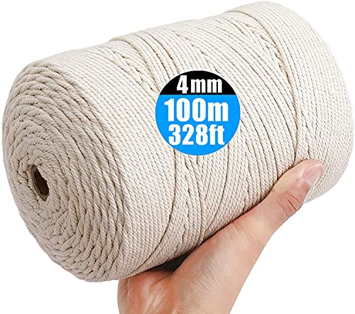 Mododo Corde Macramé 4mm x 100m, Fil Macrame Coton Naturel, Ficelle Corde pour Tressée DIY, Tapisserie de Plante Cintre de Drapeau Artisanat Suspendues Emballage Cadeau Décoration Murale, 4*100m