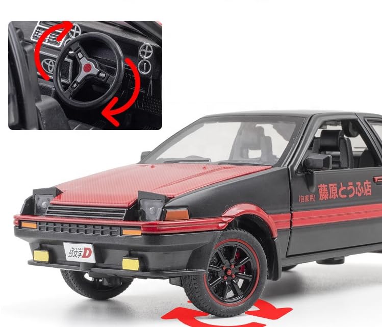 Image of WORSHIPER 1:24 Scale Toyota AE86 Die-Cast Model Car � Alloy Metal Pullback Toy Car with Openable Doors, Lights & Music � Luxury Sports Car Toy for Kids & Collectors (1:24 Toyota AE86-Red Color)