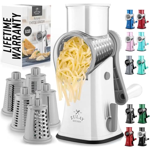 Zulay Rotary Cheese Grater 5 Blade Cheese Shredder - Manual Hand Crank Cheese Grater With Reinforced Suction & 5 Interchangeable Drums - Easy to Use Vegetable Chopper - Frosted White