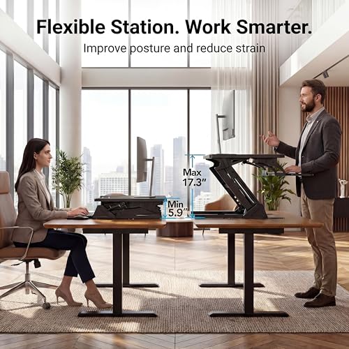 Image of HUANUO 32 inch Z Shaped Standing Desk Converter with Wide Keyboard Tray, Black | Instant Sit-Stand Convert,Fits Dual Monitors,Dual Gas Spring Lifter,Wobble-Free Z-Steel,Quick Keyboard Install