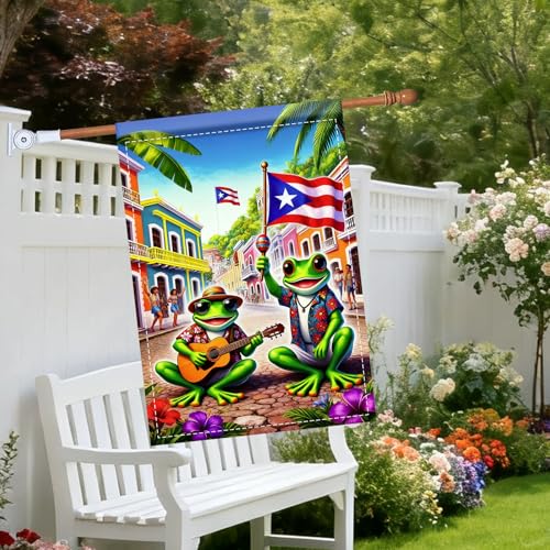 Image of Nuxovilar Puerto Rico Garden Flag Big Frog Guitar Polyester 27x39inch | Musical Sign, Festive Hanger, patriotic garden flag, outdoor lawn decoration, porch yard home (Big Frog)