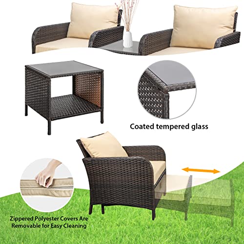 LEVELEVE Balcony Furniture 5 Piece Patio Conversation Set, PE Wicker Rattan Outdoor Lounge Chairs with Soft Cushions 2 Ottoman&Glass Table for Porch, Lawn-Brown Wicker - Image 6