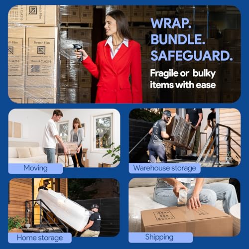 Image of International Plastics Co. 12 Pack 15 inch Plastic Stretch Film Wrap with Extended Tension Handles 1200ft Each 500% Stretch Clear Cling Durable Adhering Packing Moving Heavy Duty Pallet Shrink