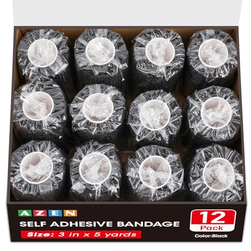 Image of AZEN 12 Pack Black Self Adhesive Bandage Wrap, 3 inch X 5 Yards Elastic Cohesive Bandage Wrap, Vet Wrap, Ankle Tape, Tattoo Grip Tape Wrap
