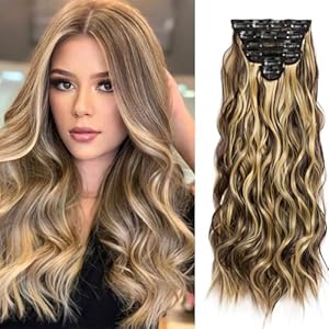 Clip in Hair Extensions for Women 6PCS Clip Brown MIx Blonde Ins Long Wavy Curly Hair Extension 22 Inch Synthetic Hair Extension Thick Hairpieces