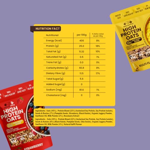 Image of GrowFitz 25g High Protein Oats 800 Gram, Pack of 2 | Kulfi & Strawberry Flavor Combo Breakfast Oatmeal | 17g High Fiber, Almonds, Raisin, Pumpkin, Chia Seeds, Super Rolled Oats | No Added Sugar