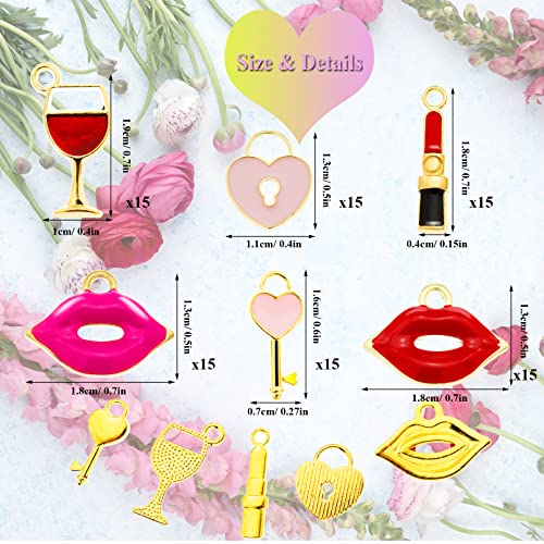 Rechicgu 90Pcs Love Valentine's Day Charms Heart Red Lips Key Wine Glasses One Hole Pendant Jewelry Making Diy Necklaces Bracelets Keychains Earrings Gifts #TOP7