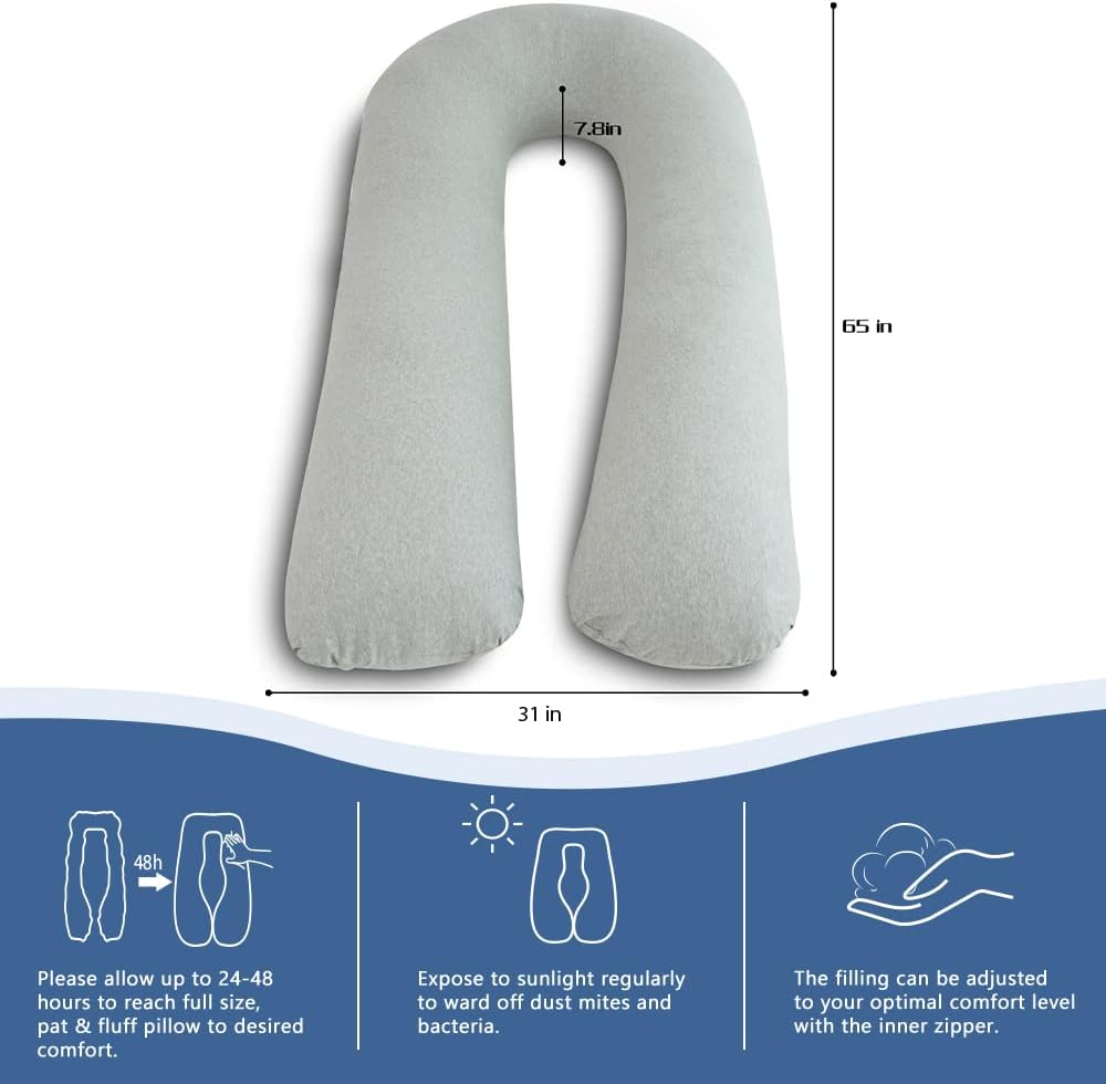 AngQi 65-inch Full Body Support Pillow with Washable Jersey Cover, U Shaped Pregnancy Pillow, Gray : Baby