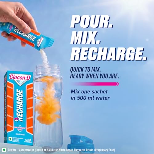 Image of Glucon-D Recharge Energy & Hydration Orange Flavour Drink Powder, Instant Glucose + Electrolytes for Quick Energy, 18g Sachets (Pack of 10)