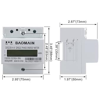 BAOMAIN Single-Phase 3-Wire DIN Rail kWh Meter,110V/220V AC Energy Monitor | DDS238-4-R Submeter Features 10A(100A), 60Hz Frequency & Lcd Display.Ideal For Precise Home Power Monitoring