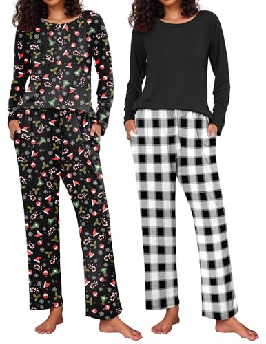 Ekouaer 2 Pack Women's Pajama Set Soft Long Sleeve Sleepwear Loungewear Pjs Sets with Pockets S-XXL