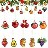 Vercraft 20 Pcs Fruit Christmas Ornaments with Santa Hat Flat Wooden Fruit Cutouts Watermelon Apple Cherry Peach Tree Ornaments with Rope Grape Orange Strawberry Hanging Tree Decor for Holiday Xmas