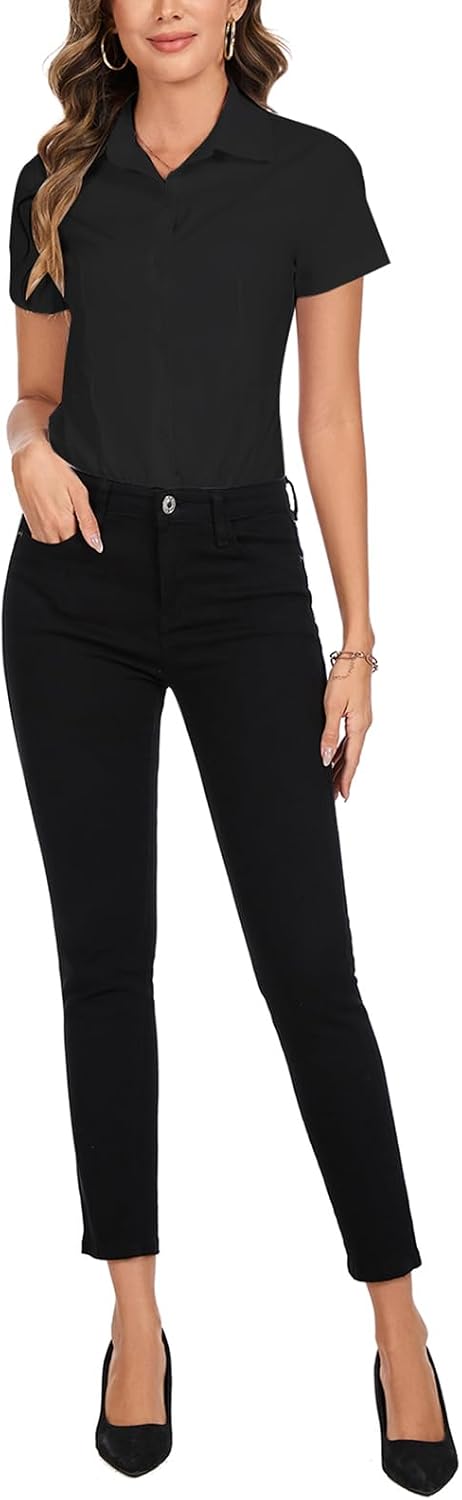 Women's Bodysuit Blouse Collared 2025 Business Work Shirts Short Sleeve Button Up Bodysuit Tops