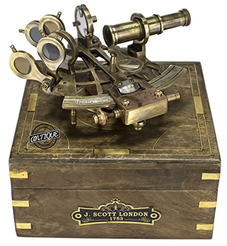 Sextante de latón antiguo náutico vintage con caja de madera, marinero marinero, victoriano, astroabio sextante, mesa para el hogar, decoración de barcos, regalos