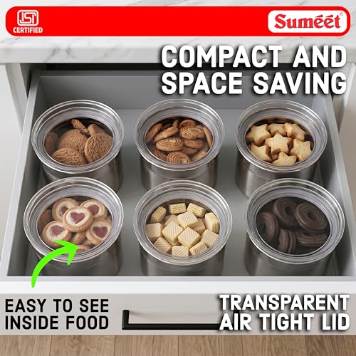 Image of Sumeet ISI Certified Stainless Steel Small Canisters /Dabba /Storage Containers for Kitchen with See Through Air Tight Lid - Set of 6 Pcs - 550ml, 10cm Dia, Silver