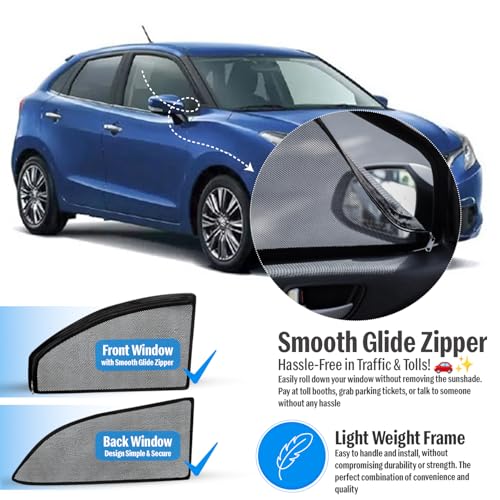 Image of Autofact Magnetic Car Sunshades Compatible with Maruti Baleno Old (2015 to 2022) (Set of 4) - Easy Installation, UV Protection, Keeps Car Cool (Front 2 with Zippers, Rear 2 Without Zippers)