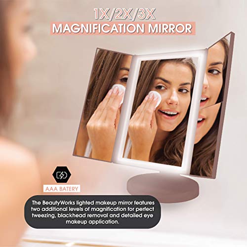 Beautyworks Backlit Makeup Vanity Mirror 36 LED Lights Touch-Screen Light Control, Tri-Fold 1/2/3X Magnification, Portable High-Definition Clarity Cosmetic Light Up Magnifying Mirror (Rose Gold)