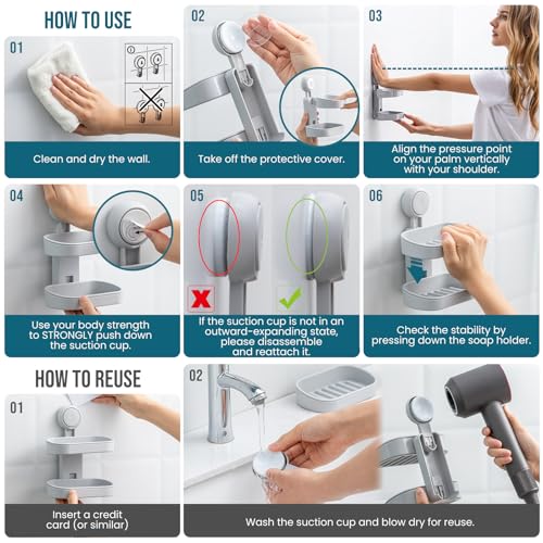 Image of TAILI Soap Holder, Soap Dish for Shower Suction Cup, Bar Soap Holder, Grey