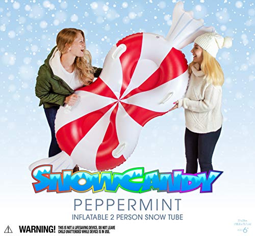 Winter Sledding Jumbo Inflatable Peppermint Snow Sled For 2 Person. 77 Inch Wide Snowcandy Sled With Handles For Adults, Teens Or Kids. Made From Heavy-Duty Pvc For Extreme Strenght. #TOP4