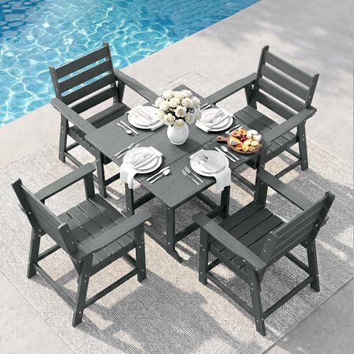 Image of 5 Piece Patio Dining Set, HDPE All-Weather Furniture with 4 Chairs & 1 Square Table, for Backyard, Garden, Garden, Gray