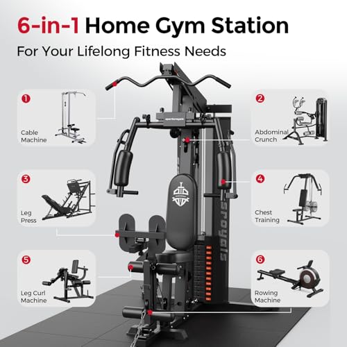 Sportsroyals Home Gym Equipment, 150LBS Weight Stack, Full Body Workout Machine with Pulley System for Strength Training (Ink Black)