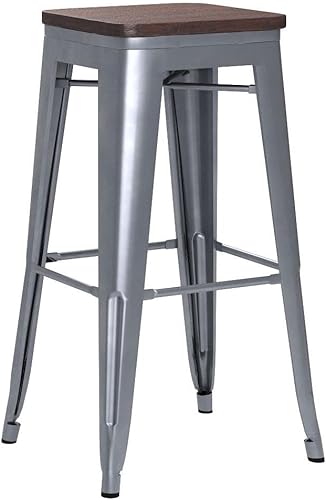 Miniatura 26 de [Juego de 4] Taburete metálico apilable industrial moderno para interior/exterior 17 pulgadas, Metal Plata sin espalda con madera,Sin espalda negro