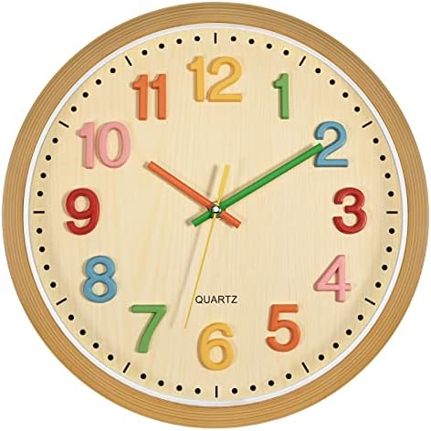 Foxtop Silent Kids Wall Clock Non-Ticking Battery Operated Colorful Childrens Clock for Classroom Playroom Nursery Bedrooms Kids Room (3D Numbers, 12 inch)
