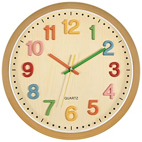 Foxtop Wanduhr Kinder Broß 3D Zahlen Ohne Tickgeräusche Lautlos Uhr für Junge Mädchen Kinderzimmer Schlafzimmer Dekor 30 cm Cover