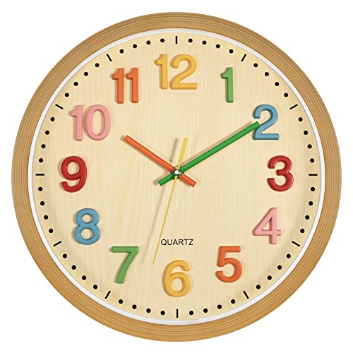 Foxtop 3D Zahlen Wanduhr Kinder 30cm Quartz Lautlos Farbenfrohe Kinderwanduhr Schleichende Sekunde ohne Ticken Bunte Lernuhr für Kinder 12 Zoll