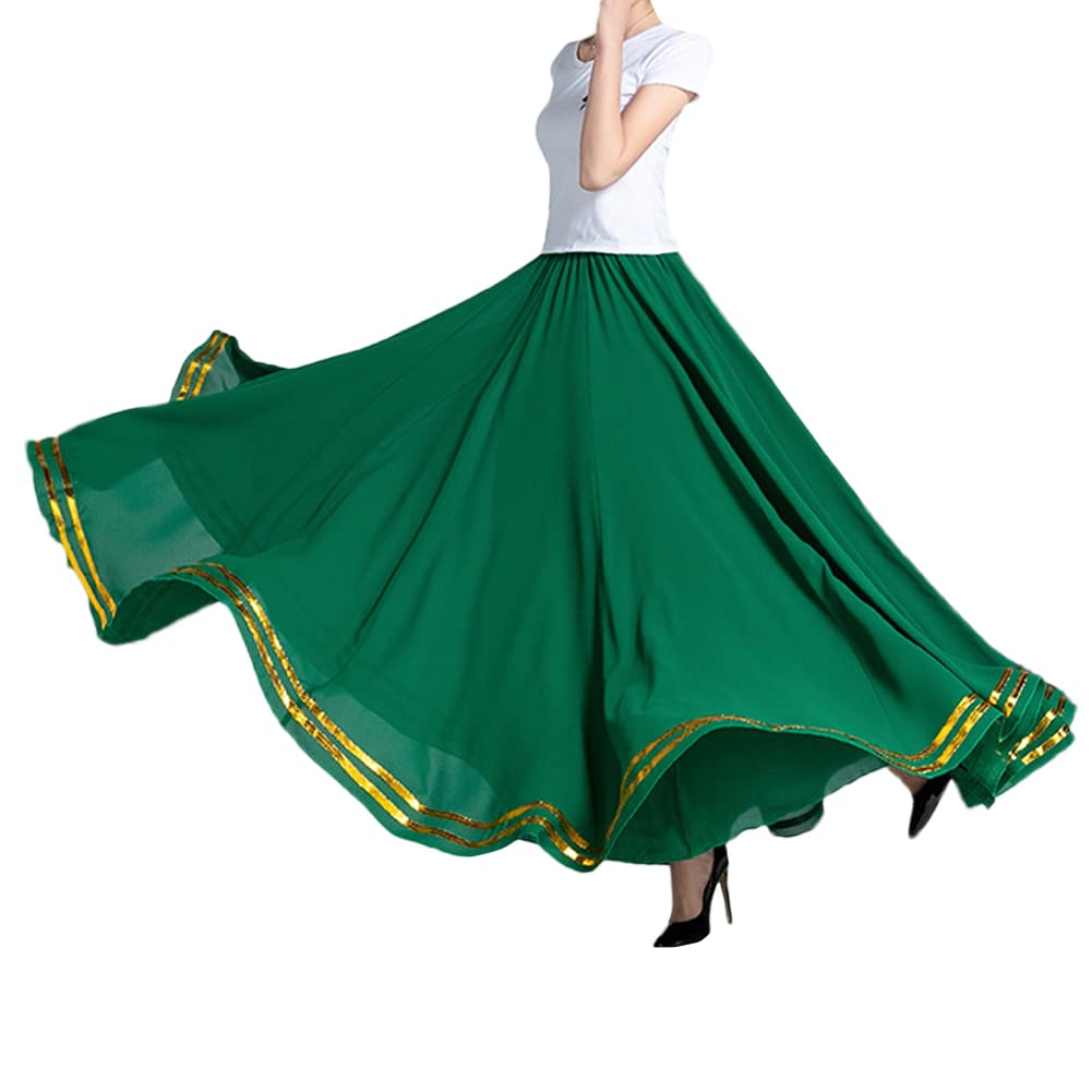 Damen Eine Linie Plissee Tanzrock Glänzender Langer Rock Hohe Taille Großes Swing Röcke Chiffon Maxirock Frauen Tanzkleid Bauchtanz Rock Flamenco Rock Latein Tango Ballett Tanz Performance Kostüm
