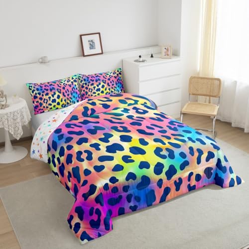 Image of Leopard Print Comforter Set Africa Cheetah Print Bedding Set Rainbow Leopard Design Down Alternative Comforter for All Season for Boys Girls Kids Women Room Decor Safari Animal Duvet Set Twin Size