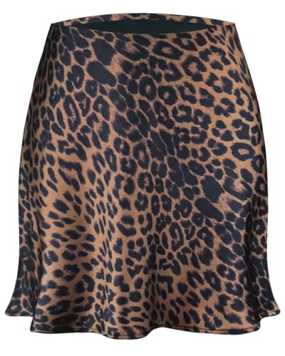 Facogoo Women's Satin Mini Skirt Leopard Print High Waist Silk Short Skirts