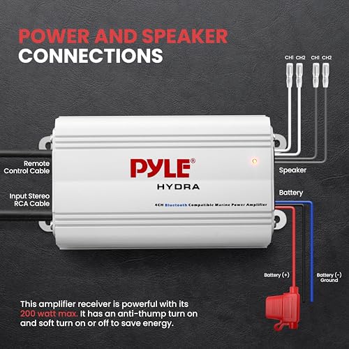 Pyle Auto 4-Channel Marine Amplifier - 200 Watt RMS 4 OHM Full Range Stereo with Wireless Bluetooth & Powerful Prime Speaker - High Crossover HD Music Audio Multi Channel System PLMRMB4CW White by Pyle - Image 4