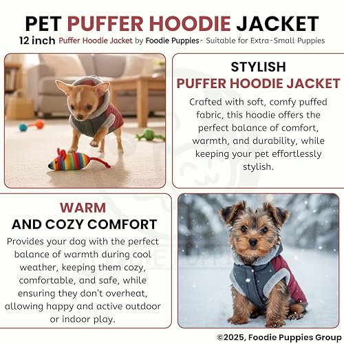Image of Foodie Puppies Dog Puffer Hoodie Warm Winter Jacket - (Maroon Grey, 12 Inch) for Extra Small and Puppies | Ultra Warm Waterproof & Windproof Fur Coat | Washable Pet Vest Apparel for Cold Weather
