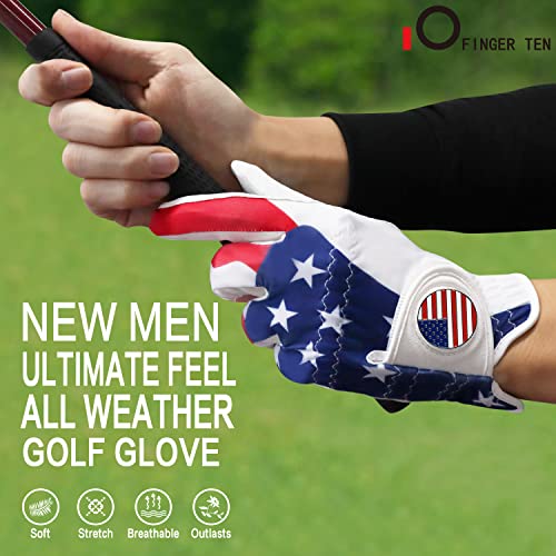 Finger Ten Golf Gloves Men Left Hand Right Leather With Ball Marker Usa Flag Pack, Mens Golf Glove All Weather Grip, Fit Size Small Medium Ml Large Xl (Usa Flag, Large, Left) #TOP4
