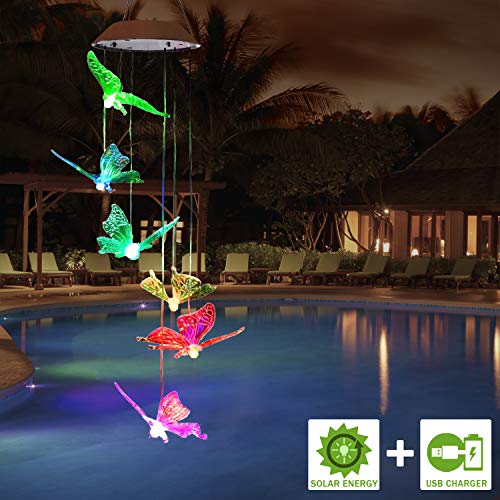FC-Fancier Solar Wind Chimes,[2019 Upgrade] Charging by USB and Solar Energy Solar Color-Changing Solar LED, Mobile Wind Chime,LED Waterproof Wind Chimes for Home/Party/Night/Garden/Festival Decor/