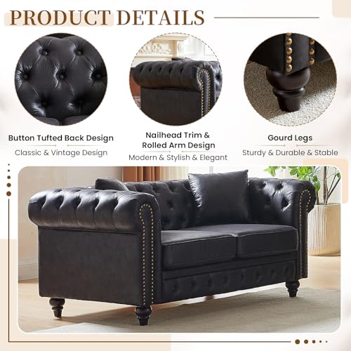 Image of Mid Century Modern Loveseat Sofa, 63.5 inchW Faux Leather Button Tufted Small Couch with Nailhead Trim & Roll Armrest, Upholstered Comfy Chesterfield Sofa for Living Room, Office(2 Seater, Black)
