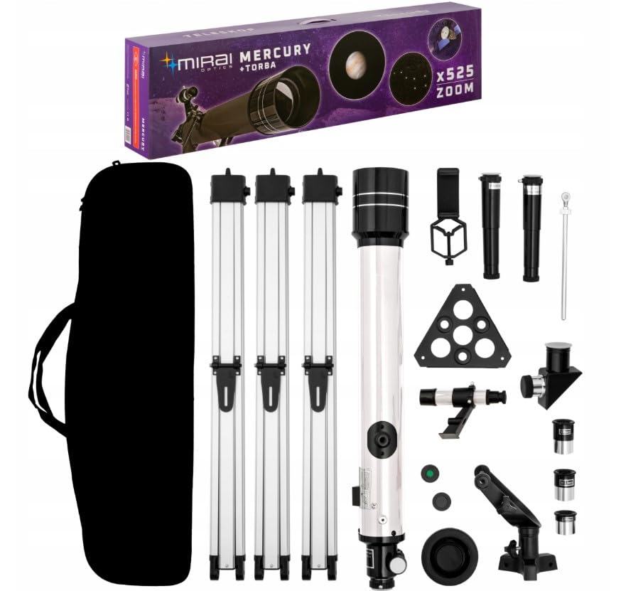 MERCURY Profesjonalny Teleskop Astronomiczny Refrakcyjny | Zoom do 525x | Ogniskowa 700 mm | 3 Okulary | Soczewka Barlowa | Adapter do smartfona | Torba | Filtry słoneczny i księżycowy