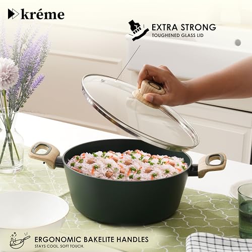 Image of Kreme Venetia Premium Series 4-Piece Granite Casseroles Cookware Set with Lid | Non-Stick Aluminium Cooking Pot | Granite Coating | Induction & Gas Stove Compatible | Healthy Low-Oil Cooking, Green
