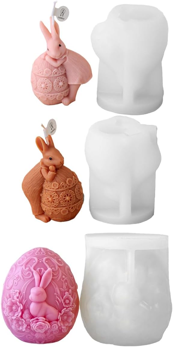 Easter Egg Silicone Molds, Rose Bunny Design Candle Making Molds Set, 6 Decorative Patterns