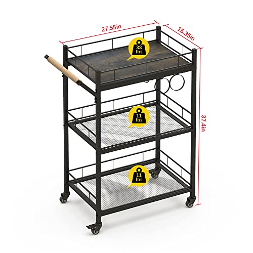 Anyhi Kitchen Serving Cart, 3-Tier Bar Cart On Wheels, Microwave Cart With Wine Rack And Handle Rack, Industrial Serving Trolley With Shorage Shelves For Toaster, Oven, Rustic Brown #TOP5