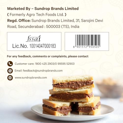 Image of Sundrop High Protein Peanut Butter | Whey Protein Added | Dark Chocolate | 30g Protein & 5.8g Fiber| 500g Crunchy | Low in Sodium | No Preservatives | Tasty & Healthy Nut Butter Spread for Breakfast