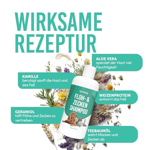 Petsly® Floh & Zeckenmittel für Hunde -500ml - Flohshampoo Hund & Zeckenschutz Hund & Katze, Flohmittel Hund mit Teebaumöl - Sensitives Hundeshampoo, Floh und Zeckenschutz für Hunde