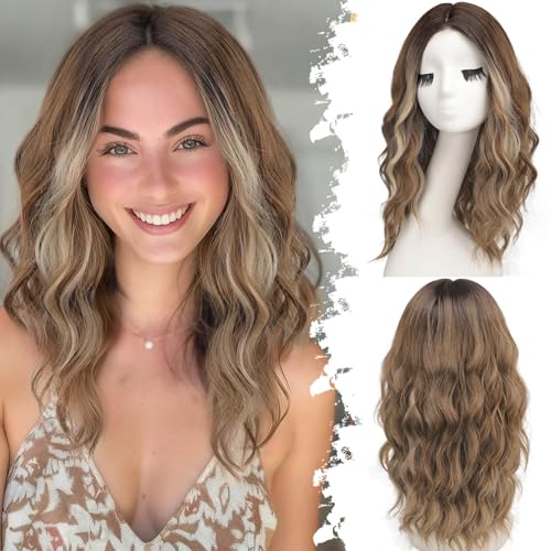 Image of Eawwii Ombre Light Brown With Blonde Short Wavy Wig for Women Lace Hairline Bob Style Synthetic Heat Resistant - Natural Appearance for Everyday Hairstyle 18 Inch
